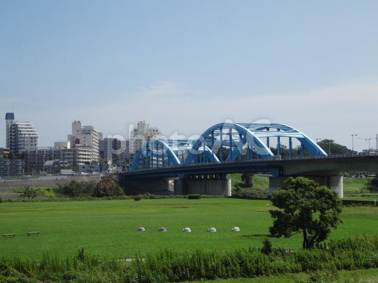 多摩川の河川敷と丸子橋 多摩川,丸子橋,河川敷の写真素材