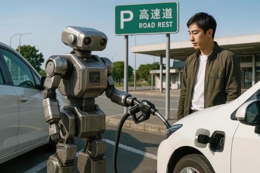 パーキングエリアで給油するロボット パーキングエリアで給油するロボットの写真