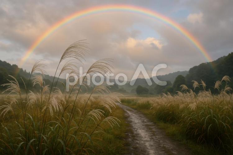 雨上がりのススキと虹色の空 雨上がり,ススキ,虹の写真素材