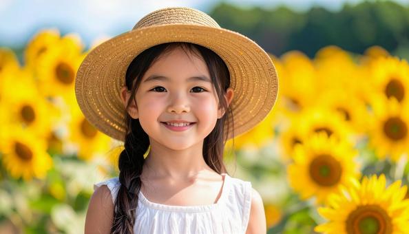 夏のヒマワリの花と少女のポートレート 夏のヒマワリの花と少女のポートレートの写真