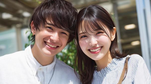 笑顔の仲良しカップルの夏の写真