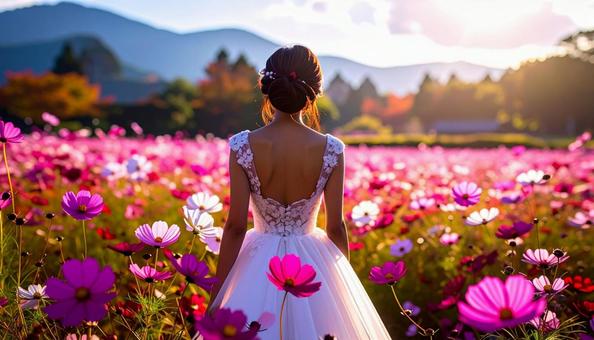 コスモスの花畑のウェデイングフォト 秋 コスモスの花畑のウェデイングフォト 秋の写真