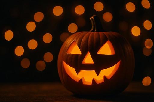 光るジャックオランタンとハロウィンの夜の写真