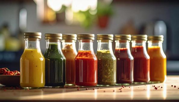 キッチンに並べられた調味料 キッチンに並べられた調味料の写真