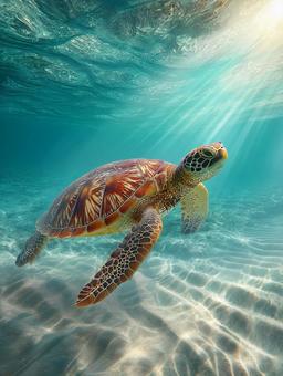 光に包まれたウミガメの姿の写真