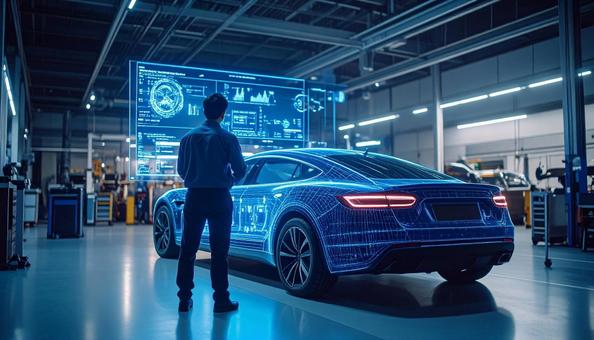 車にホログラムを投影して整備工場の写真