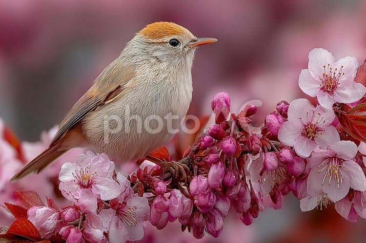 春の訪れを告げる、小鳥と花々 小鳥,鳥,花の写真素材