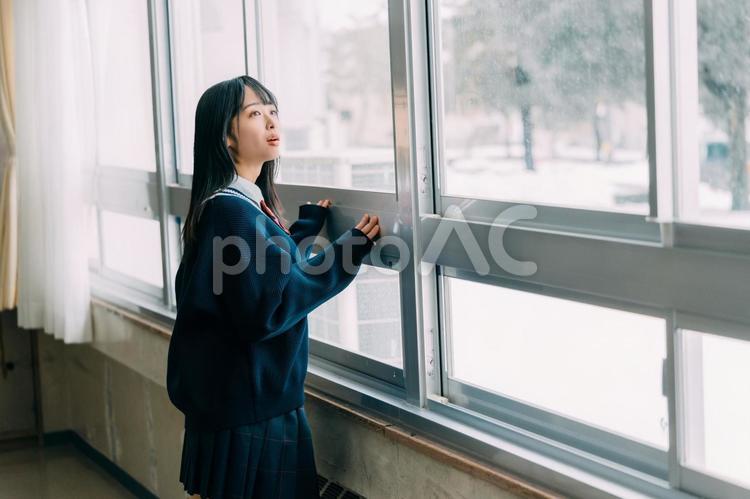 教室の外の景色をみる女子高校生 女性,女子高,高校生の写真素材