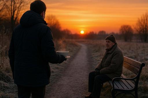 夕焼けに映える人物とベンチ 夕焼けに映える人物とベンチの写真