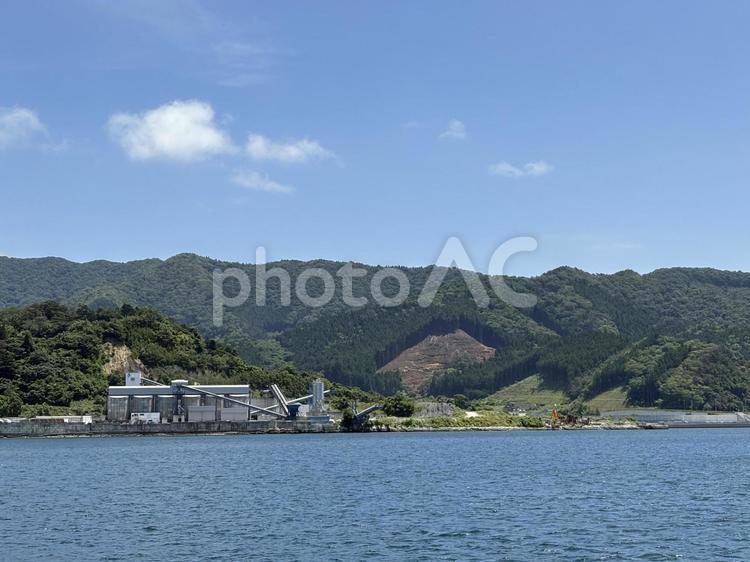 伐採された山と沿岸の工場 山,伐採地,工場の写真素材