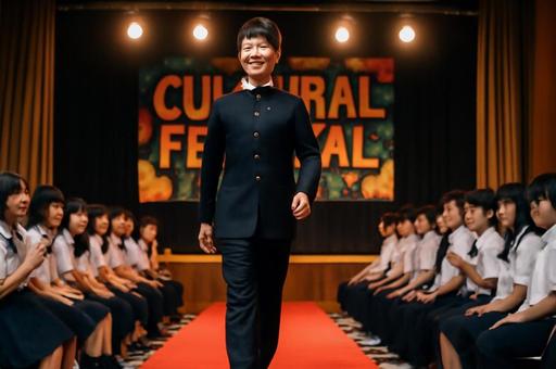 文化祭のランウェイを歩く男子学生の写真