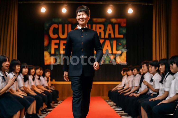 文化祭のランウェイを歩く男子学生 人物,文化,学校の写真素材