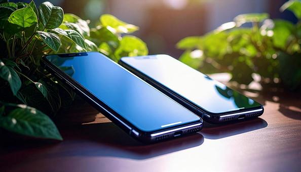 連絡交換のイメージ 机の上の携帯電話二台 連絡交換のイメージ 机の上の携帯電話二台の写真