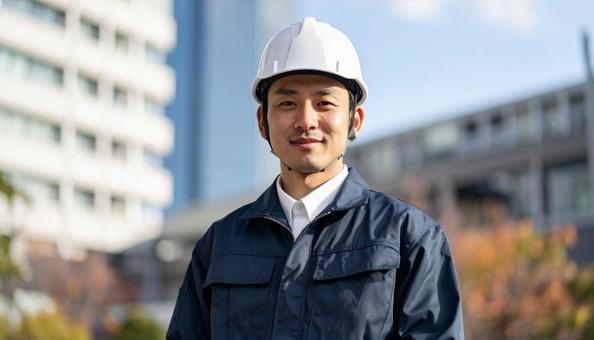 高層ビルの背景に笑顔の若い作業服男性 高層ビルの背景に笑顔の若い作業服男性の写真