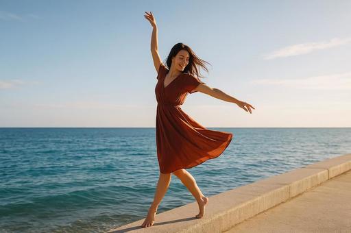 海の防波堤でダンスをする女性 海の防波堤でダンスをする女性の写真