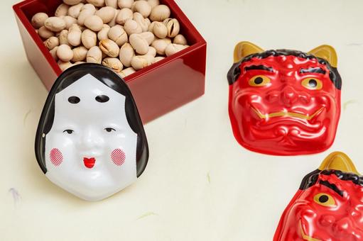 節分のイメージ|おかめと赤鬼と福豆 節分のイメージ|おかめと赤鬼と福豆 節分,豆まき,鬼は外の写真素材