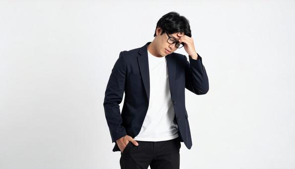ビジネスイメージ うつむき悩む日本人男性 ビジネスイメージ うつむき悩む日本人男性の写真