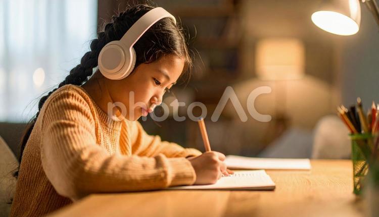 お気に入りの音楽を聴きながら勉強する女性 勉強,ノートパソコン,女性の写真素材