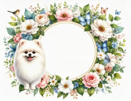 ポメラニアンと鳥と花のフレームの写真