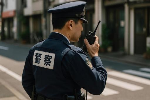 無線で連絡を取る警察官 無線で連絡を取る警察官の写真