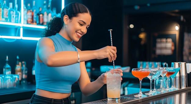笑顔でカクテルを作る女性のバーテンダーの写真