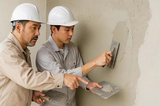 左官研修で壁塗りを学ぶ作業員・技能指導 左官研修で壁塗りを学ぶ作業員・技能指導の写真