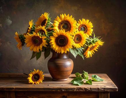 花瓶に咲くひまわりの静物画 花瓶に咲くひまわりの静物画の写真