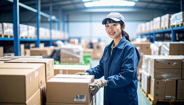 倉庫で働く作業服の20代の日本人女性の写真