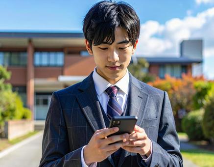 校庭でスマホを操作する男子高校生の写真