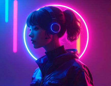 ネオン背景と女性 ネオン背景と女性の写真