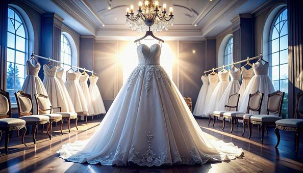 ウェディングドレスがかかる結婚式場の控室の写真