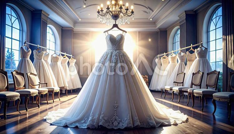 ウェディングドレスがかかる結婚式場の控室 ドレス,ウェディングドレス,純白の写真素材