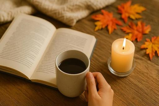 秋の室内(読書・カフェ)・コーヒー・手元 秋の室内(読書・カフェ)・コーヒー・手元の写真