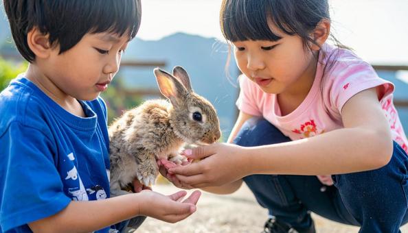 可愛いウサギを抱く兄妹 可愛いウサギを抱く兄妹の写真