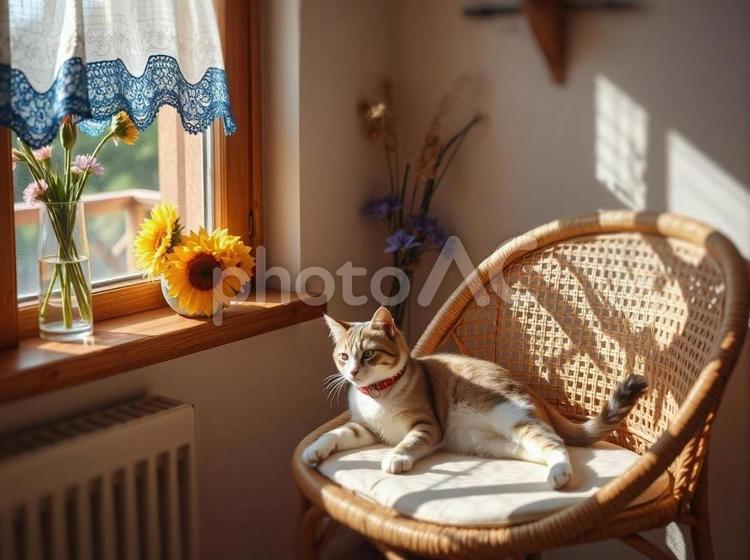 窓際の籐の椅子でくつろぐ猫 猫,ひまわり,夏の写真素材