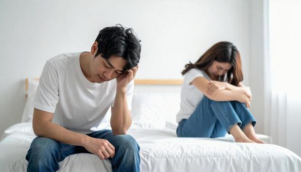 ベッドに座って悲しむ妻と後悔する夫の写真