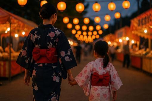 夏祭りを歩く浴衣の親子 夏祭りを歩く浴衣の親子の写真