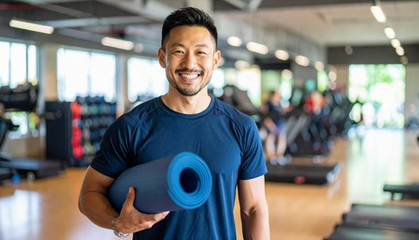 運動施設でヨガマットを持つ笑顔の男性 運動施設でヨガマットを持つ笑顔の男性の写真