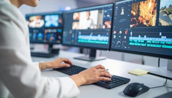 動画の編集をしている人 動画の編集をしている人の写真