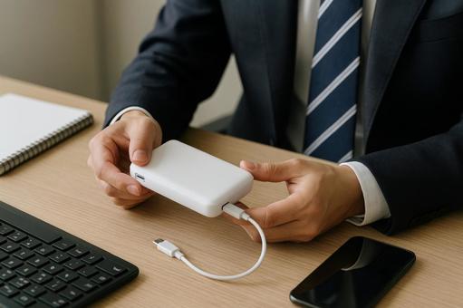 携帯充電器を確認する会社員の手元の写真