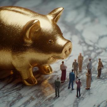 大理石の上で富を象徴する金の豚と人々 大理石の上で富を象徴する金の豚と人々の写真