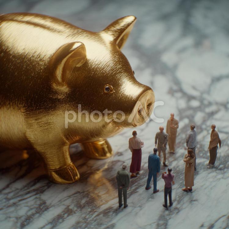 大理石の上で富を象徴する金の豚と人々 貯金箱,豚,金の写真素材
