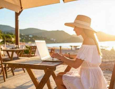 リゾートでパソコンを使って仕事をする女性の写真