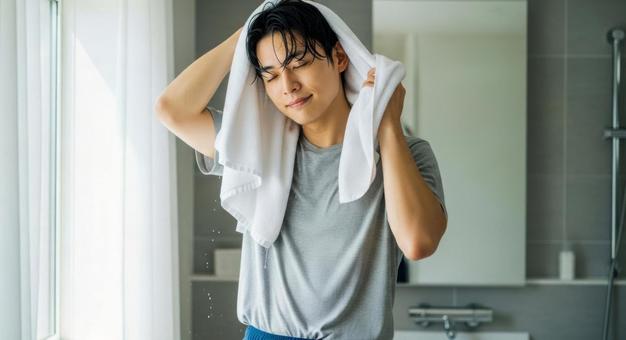濡れた髪をタオルで拭く男性 濡れた髪をタオルで拭く男性の写真
