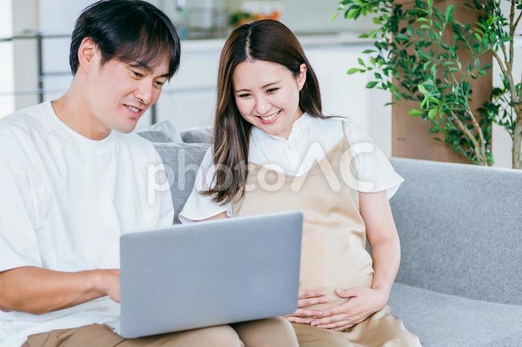 パソコンを見る妊婦と男性（笑顔） 妊婦,妊娠,夫婦の写真素材