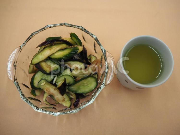茄子とキュウリの酢の物＆日本茶・家庭料理 茄子,キュウリ,ミョウガの写真素材