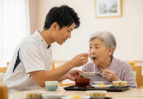 男性介護士が高齢女性に食事介助する場面 男性介護士が高齢女性に食事介助する場面の写真