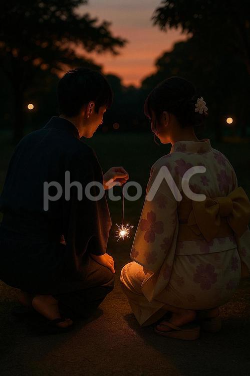 線香花火を見つめる浴衣のカップルの後ろ姿 浴衣,線香花火,カップルの写真素材