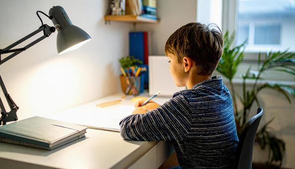 自宅の勉強机で勉強する男の子 自宅の勉強机で勉強する男の子の写真