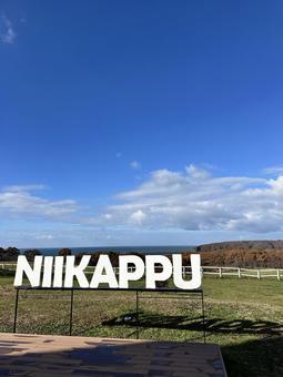 新冠（ニイカップ） 紅葉,秋,文字モニュメントの写真素材